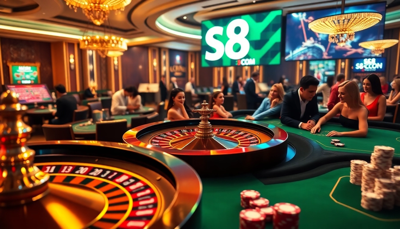 Engage with S8.COM's captivating casino atmosphere featuring vibrant game tables and excited players.