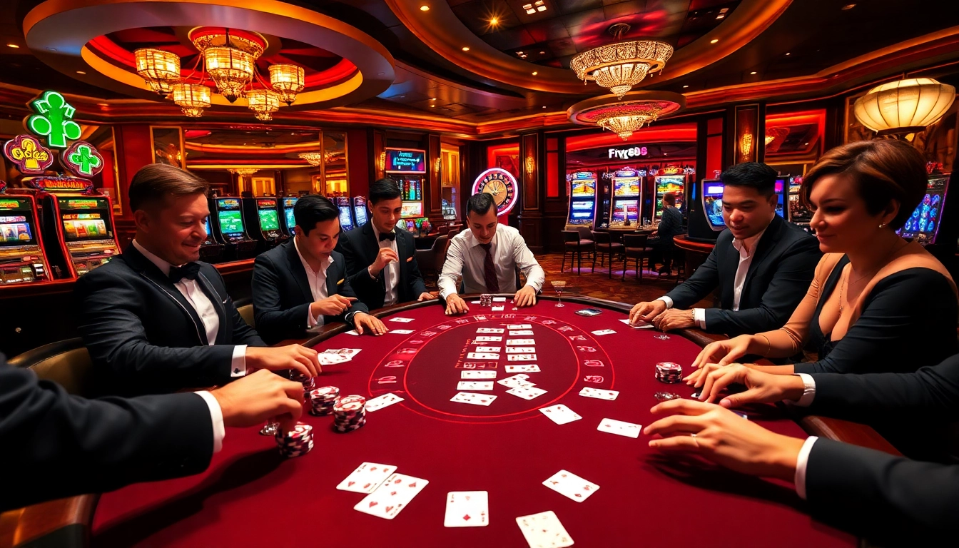 Experience the excitement of FIVE88 at a luxurious poker table with players and vibrant casino elements.
