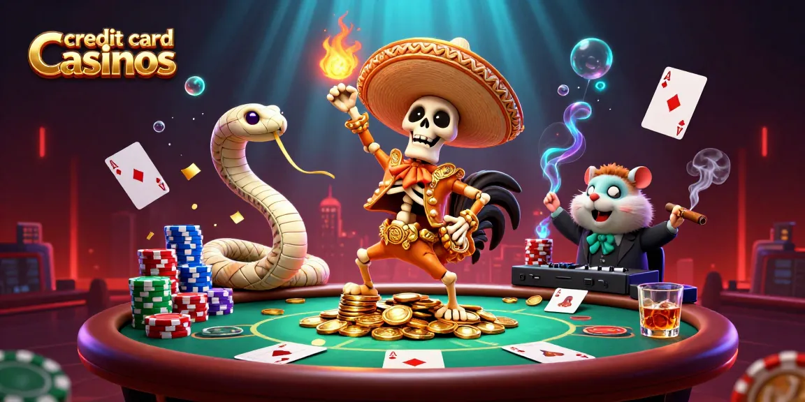Experience engaging gameplay at credit card casinos with festive characters, poker elements, and vibrant visuals.