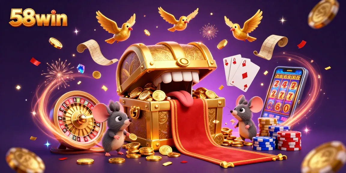Experience the thrill of 58win as coins cascade and characters promise riches in this vibrant casino illustration.