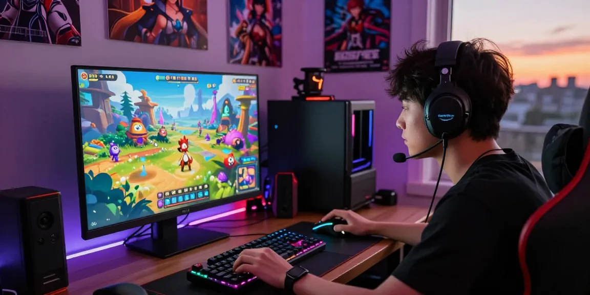 Player engrossed in a colorful hentai game, surrounded by vibrant gaming setup and immersive fantasy characters.