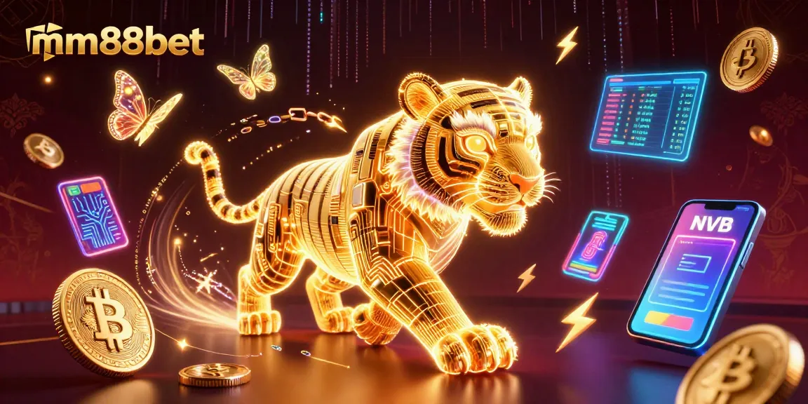 Experience thrilling gameplay at mm88bet with a dynamic illustration of a neon tiger and currencies.