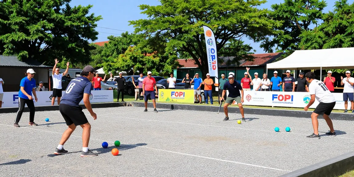 Dynamic scene showcasing a petanque match representing fopikotabontang.org with enthusiastic players and spectators.