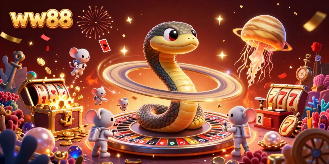 Experience thrilling bets at ww88 with a lively cosmic casino scene featuring cartoon characters and gambling elements.