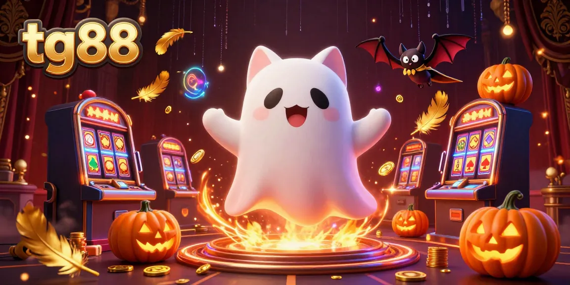Experience the thrills at tg88 casino with a lively ghost cat and vampire bat in a richly detailed haunted scene.
