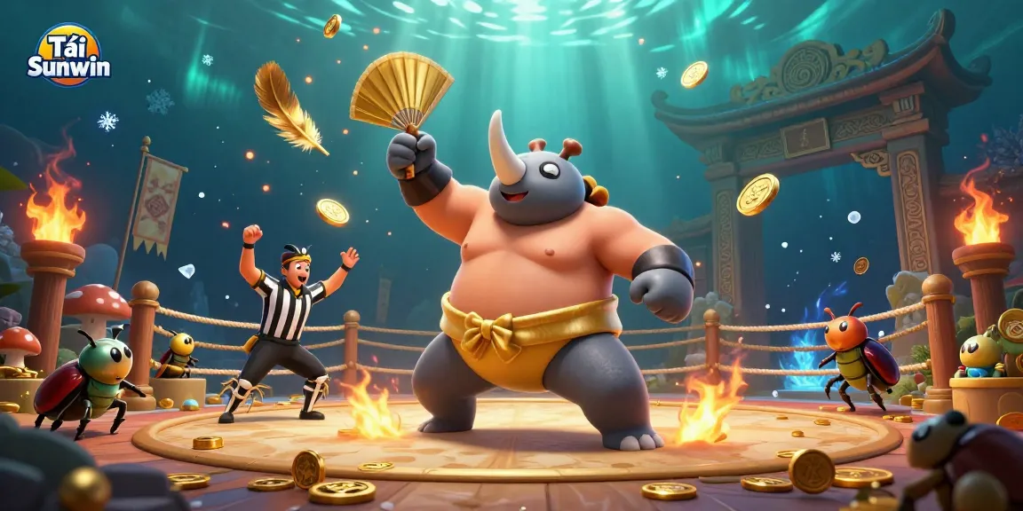 Tải Sunwin in an energetic scene with a beetle champion and golden coins flying