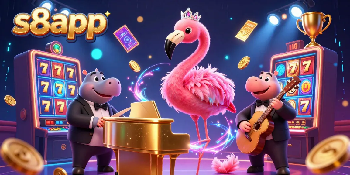 Experience thrilling gameplay at s8app with vibrant slot elements, flamingo singer, and hippo bassist.