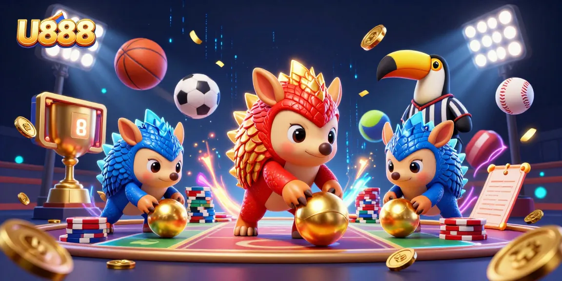 U888 pangolins compete in a vibrant casino scene, showcasing dynamic sports elements and confetti.