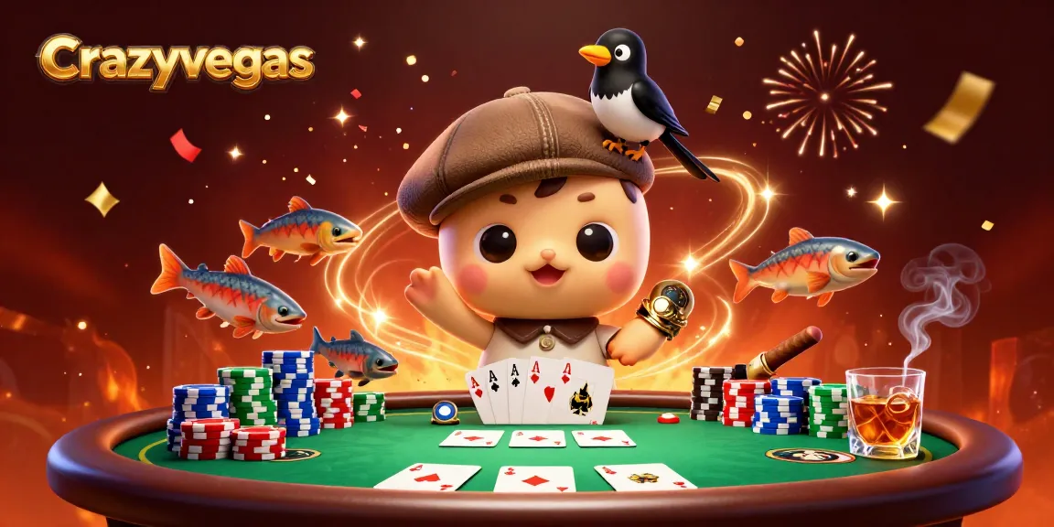Experience the thrill of crazyvegas with cartoon Nessie and friends at a poker table, winning big!