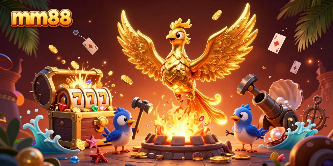 Experience thrilling gaming with mm88's golden phoenix amidst rich casino elements.
